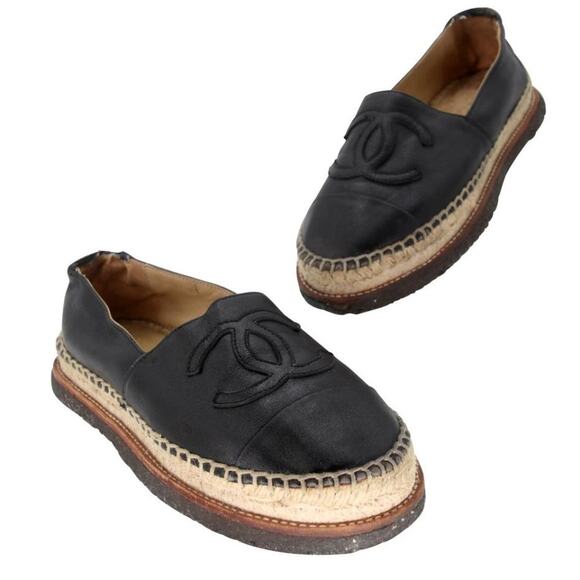 Chanel Espadrille 38 Lambskin Leather Rubber Platform Cc Flats CC-0707N-0012 - Picture 1 of 10